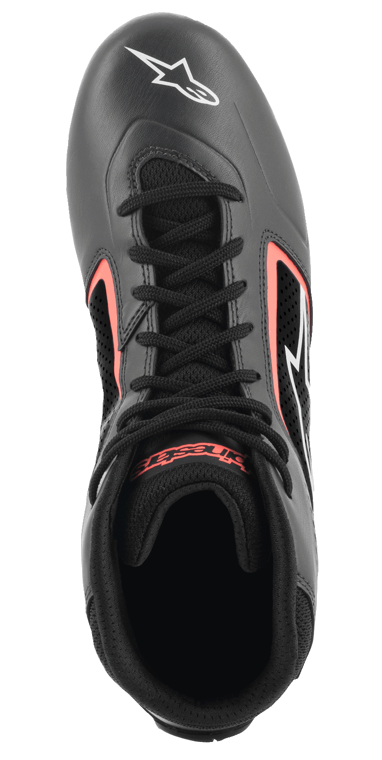 Alpinestars Tech-1 K Start V2 Shoes, Karting Shoes, Asphalt Black and Orange Fluo, top-down view, featuring black laces, white star logo on the toe, and breathable perforated panels with bright orange accents