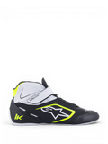 Alpinestars Tech-1 K V2 Schuhe, Herren-Kart-Rennschuhe, Schwarz, Weiß und Gelb Fluo, ultraleichte Mikrofaser-Konstruktion mit doppeltem Verschlusssystem, Alpinestars-Logo und griffiger Gummisohle nach Formel-1-Spezifikation.