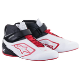 Alpinestars Tech-1 K V2 Shoes, Karting Shoes, White Black and Red, featuring a dual closure system with red laces and a black hook-and-loop strap, perforated panels for breathability, red Alpinestars star logo, and a sleek ergonomic profile for racing.