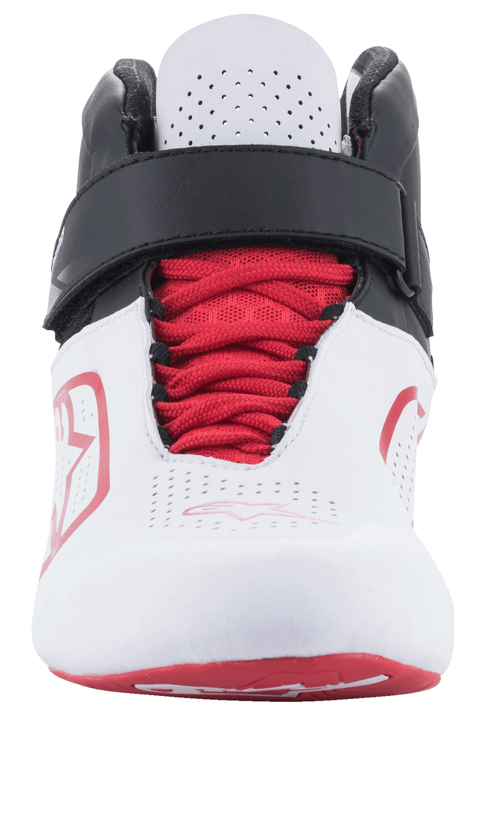 Alpinestars Tech-1 K V2 Schuhe, Karting-Schuhe, Weiß, Schwarz und Rot, Vorderansicht mit roten Schnürsenkeln und schwarzem verstellbarem Klettverschluss, perforierte weiße Zunge für Belüftung, schlankes und atmungsaktives Design für den Rennsport