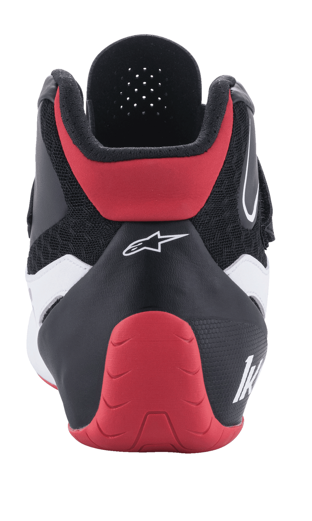 Alpinestars Tech-1 K V2 Schuhe, Karting-Schuhe, Rot, Schwarz und Weiß, Rückansicht, mit einer roten schützenden Fersenkappe, schwarzem Textil-Obermaterial mit weißen Akzenten und weißem Alpinestars-Branding.
