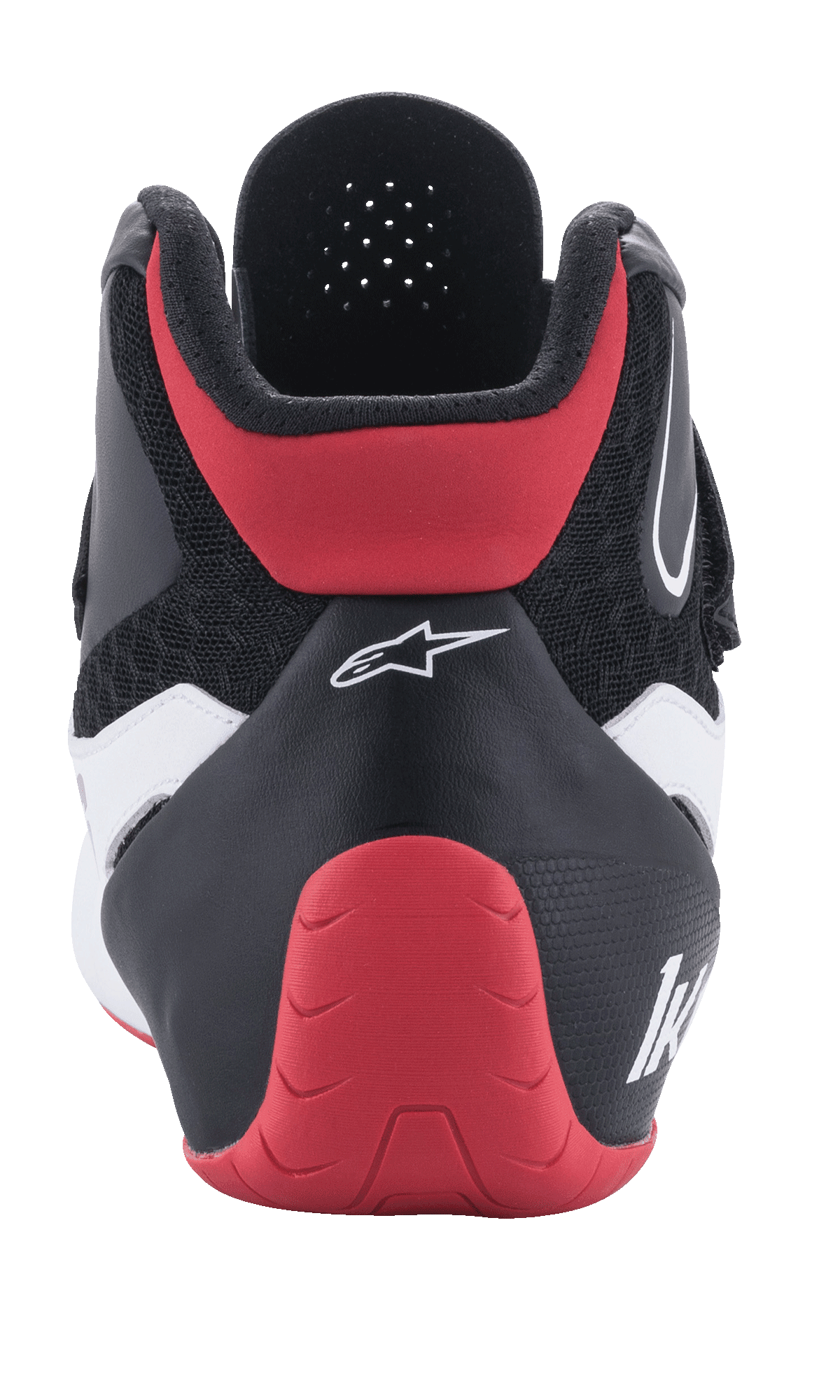 Alpinestars Tech-1 K V2 Schuhe, Karting-Schuhe, Rot, Schwarz und Weiß, Rückansicht, mit einer roten schützenden Fersenkappe, schwarzem Textil-Obermaterial mit weißen Akzenten und weißem Alpinestars-Branding.