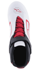 Alpinestars Tech-1 K V2 Schuhe, Kart-Schuhe, Weiß, Schwarz und Rot, Draufsicht mit roten Schnürsenkeln und einem schwarzen Klettverschlussriemen, perforiertes weißes Obermaterial mit roten Alpinestars-Logos, entwickelt für Atmungsaktivität und Halt