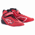 Alpinestars Youth Tech-1 KX V2 Karting Shoes, Red, Black, and White, high-top racing shoes with white star logo, Velcro ankle strap, red laces, perforated ventilation cut-outs, and thin white sole, youth motorsport footwear