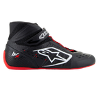 Alpinestars Tech-1 KX V3 Schuhe, Karting-Rennschuhe, Schwarz-Weiß-Rot, Seitenprofil mit nahtloser thermoverschweißter Konstruktion, großes weißes Seitenlogo, High-Top-Design mit Klettverschluss und dünner roter Gummisohle