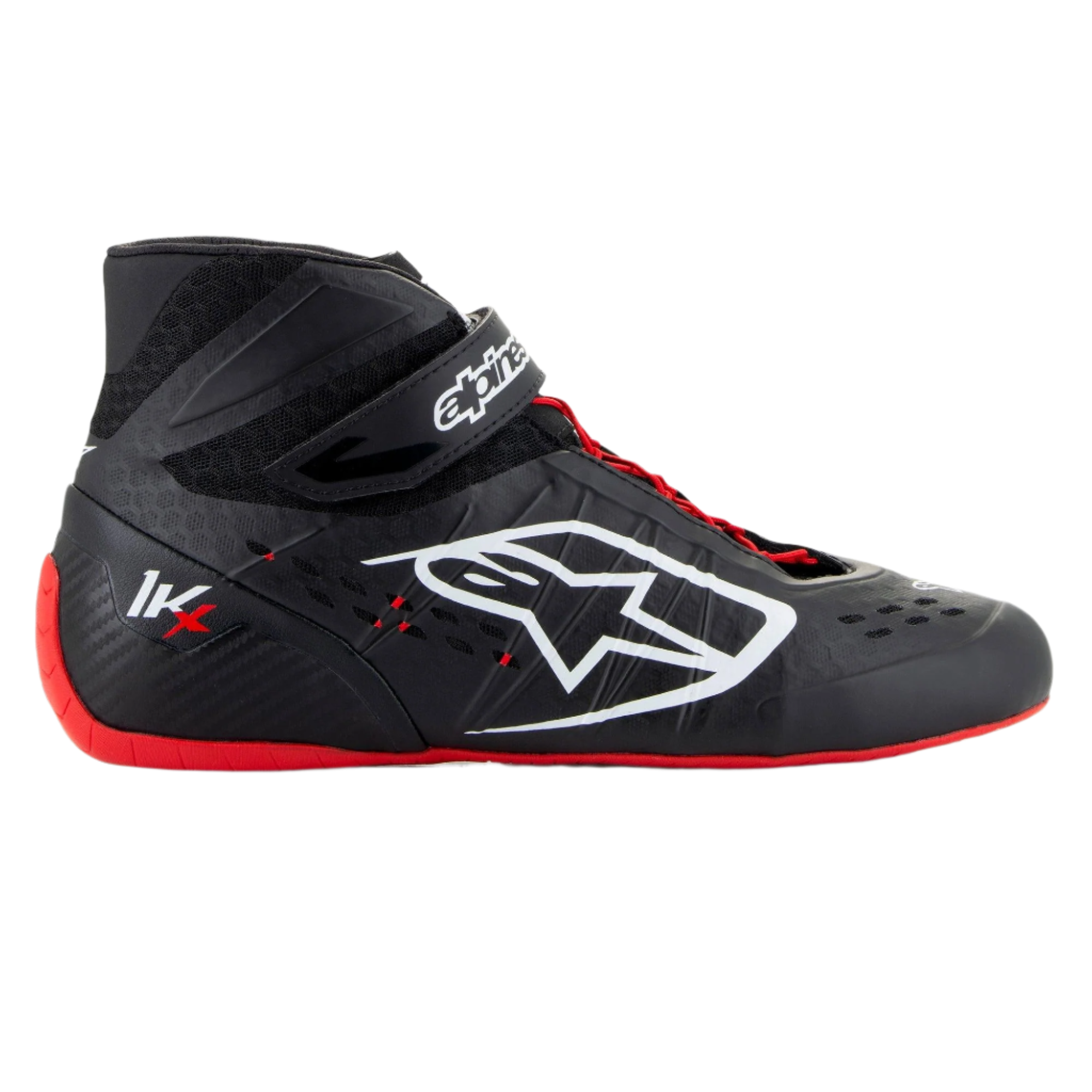 Alpinestars Tech-1 KX V3 Schuhe, Karting-Rennschuhe, Schwarz-Weiß-Rot, Seitenprofil mit nahtloser thermoverschweißter Konstruktion, großes weißes Seitenlogo, High-Top-Design mit Klettverschluss und dünner roter Gummisohle