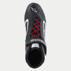 Alpinestars Tech-1 KX V3 Schuhe, Karting-Schuhe, Schwarz, Weiß und Rot, Draufsicht mit roten Schnürsenkeln und einem schwarzen Knöchelriemen mit weißem Branding, weißes Alpinestars-Logo auf der Zehenpartie, schlankes, atmungsaktives Design für Motorsport-Performance.