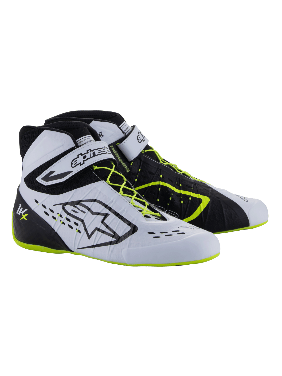 Alpinestars Tech-1 KX V3 Schuhe - FIA, Karting-Schuhe, Schwarz, Weiß und Gelb Fluo, Hochleistungs-Rennschuhe mit asymmetrischer Schnürung, Klettverschluss am Knöchel, neongelbe Akzente an den Schnürsenkeln und der Sohle, atmungsaktive lasergeschnittene Paneele