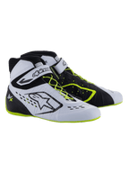 Alpinestars Tech-1 KX V3 Schuhe - FIA, Karting-Schuhe, Schwarz, Weiß und Gelb Fluo, Hochleistungs-Rennschuhe mit asymmetrischer Schnürung, Klettverschluss am Knöchel, neongelbe Akzente an den Schnürsenkeln und der Sohle, atmungsaktive lasergeschnittene Paneele
