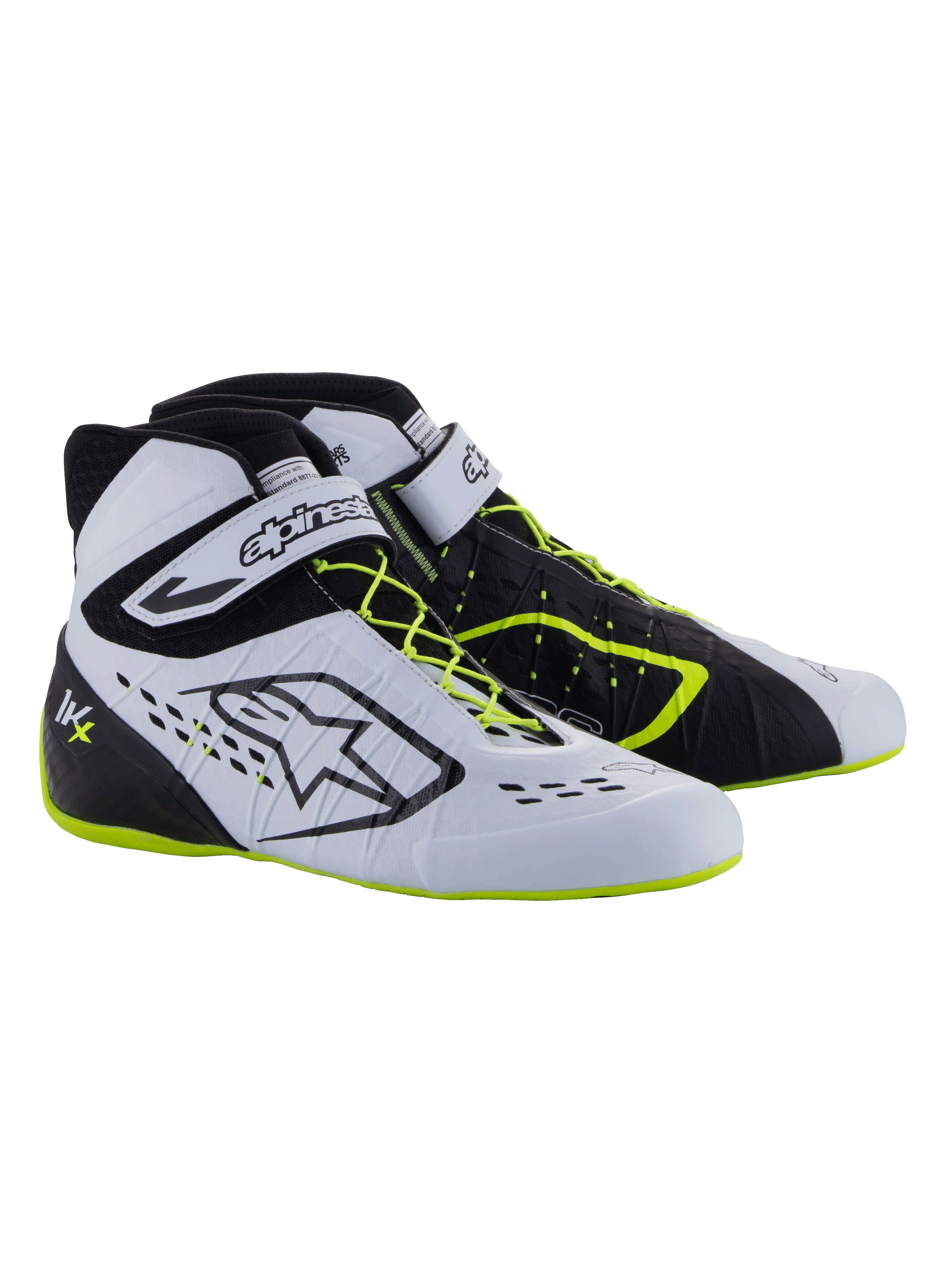 Alpinestars Tech-1 KX V3 Schuhe - FIA, Karting-Schuhe, Schwarz, Weiß und Gelb Fluo, Hochleistungs-Rennschuhe mit asymmetrischer Schnürung, Klettverschluss am Knöchel, neongelbe Akzente an den Schnürsenkeln und der Sohle, atmungsaktive lasergeschnittene Paneele