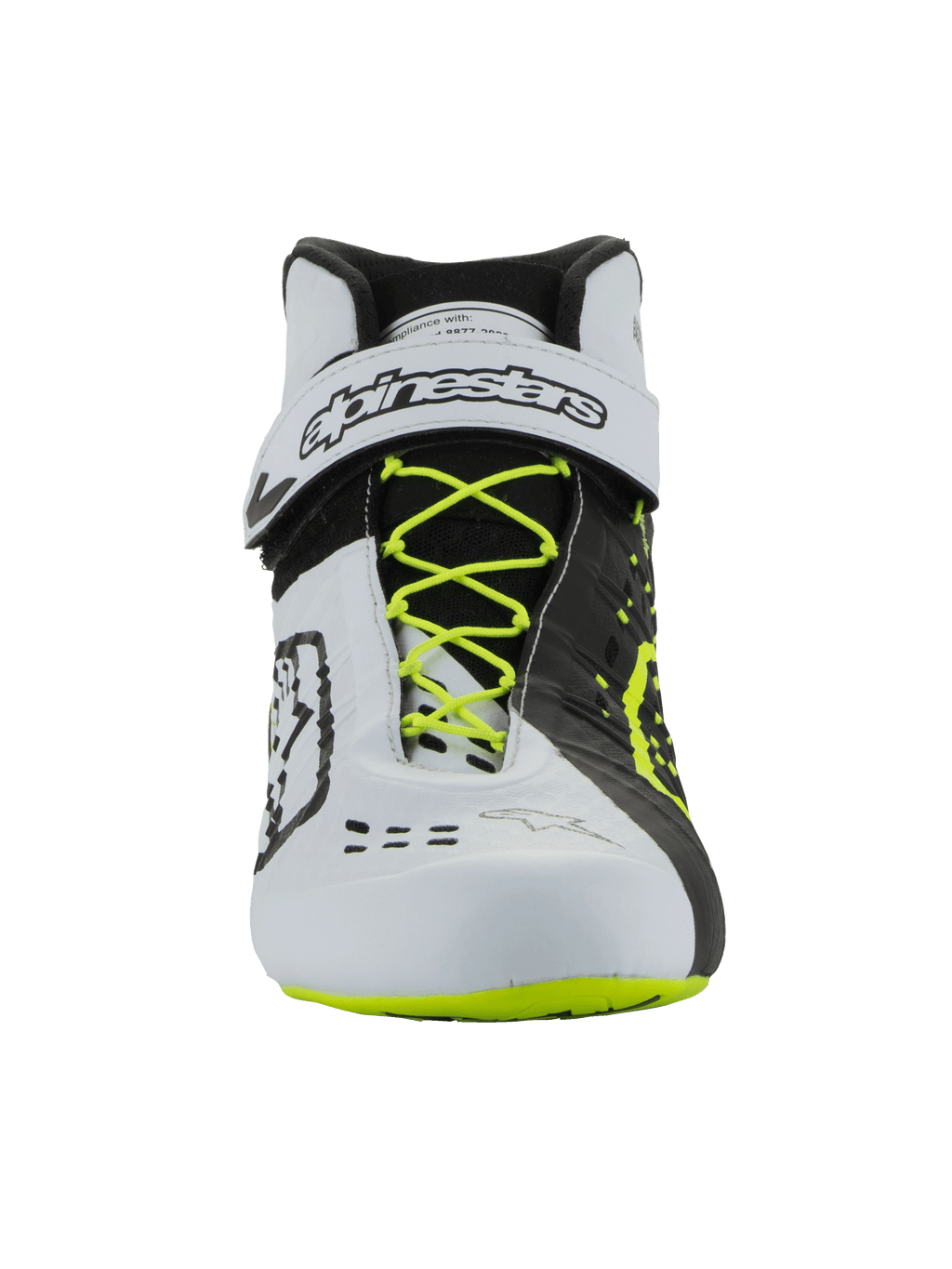 Alpinestars Tech-1 KX V3 Schuhe - FIA, Karting-Schuhe, Schwarz, Weiß und Neongelb, Vorderansicht mit neongelben Schnürsenkeln, weißem Knöchelriemen mit schwarzem Branding, asymmetrischem Color-Blocking-Design und lasergeschnittenen Belüftungsdetails