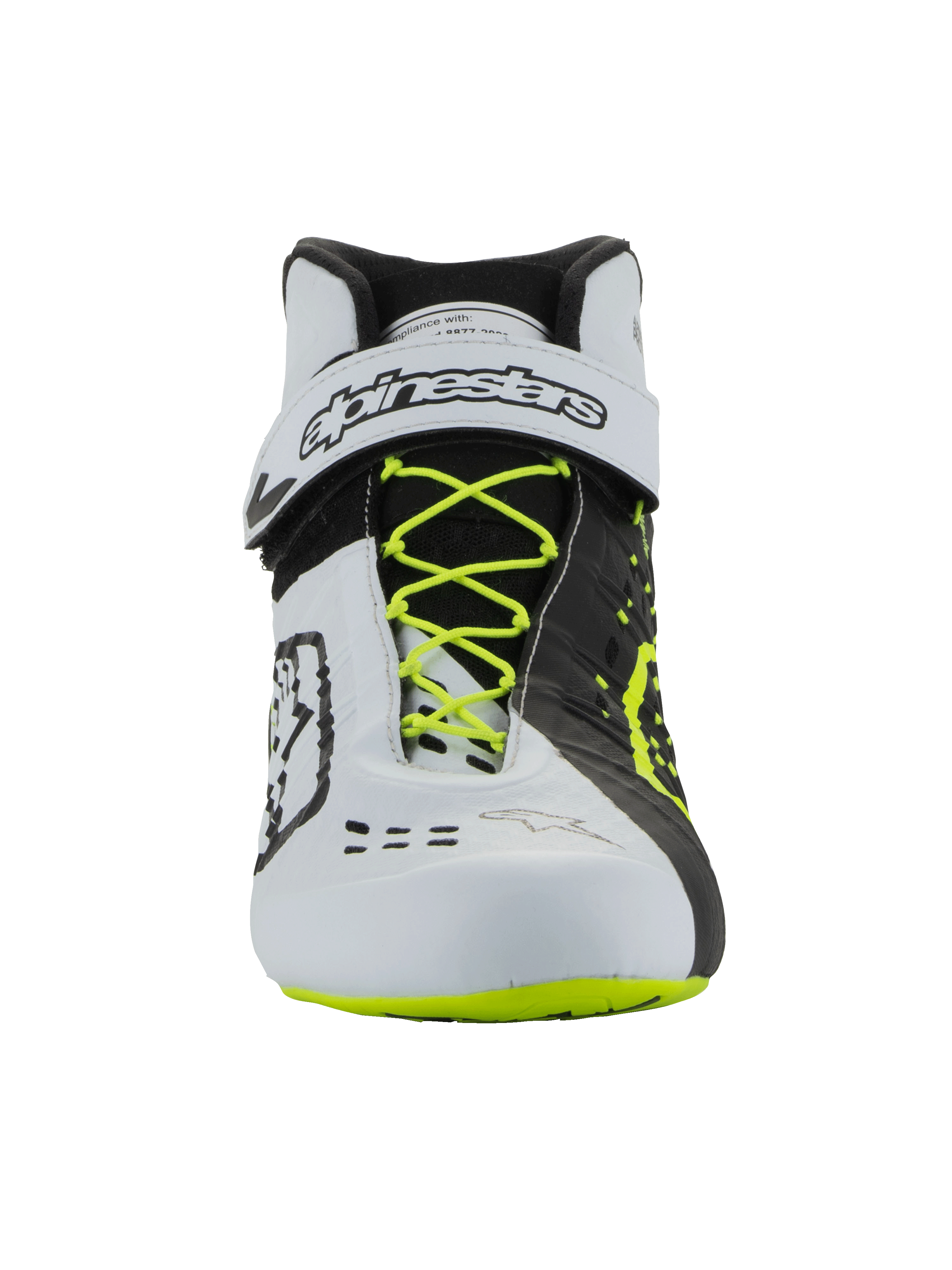 Alpinestars Tech-1 KX V3 Schuhe - FIA, Karting-Schuhe, Schwarz, Weiß und Neongelb, Vorderansicht mit neongelben Schnürsenkeln, weißem Knöchelriemen mit schwarzem Branding, asymmetrischem Color-Blocking-Design und lasergeschnittenen Belüftungsdetails