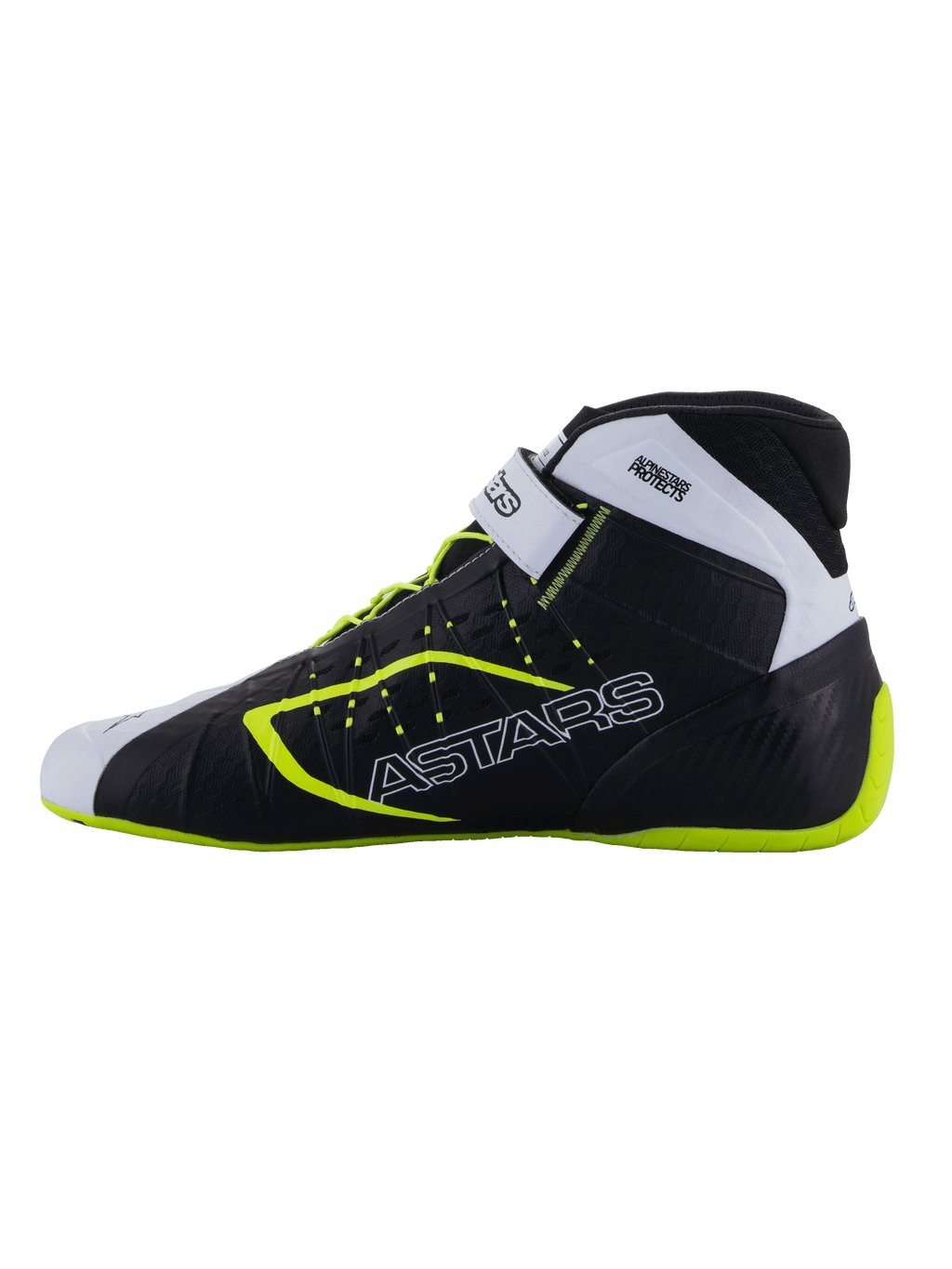 Alpinestars Tech-1 KX V3 Schuhe - FIA, Kart-Schuhe, Schwarz, Weiß und Gelb Fluo, schlankes Profil mit seitlichem ASTARS-Branding, verstellbarer Riemen und fluoreszierende Akzente, leichtes Schuhwerk für den Rennsport