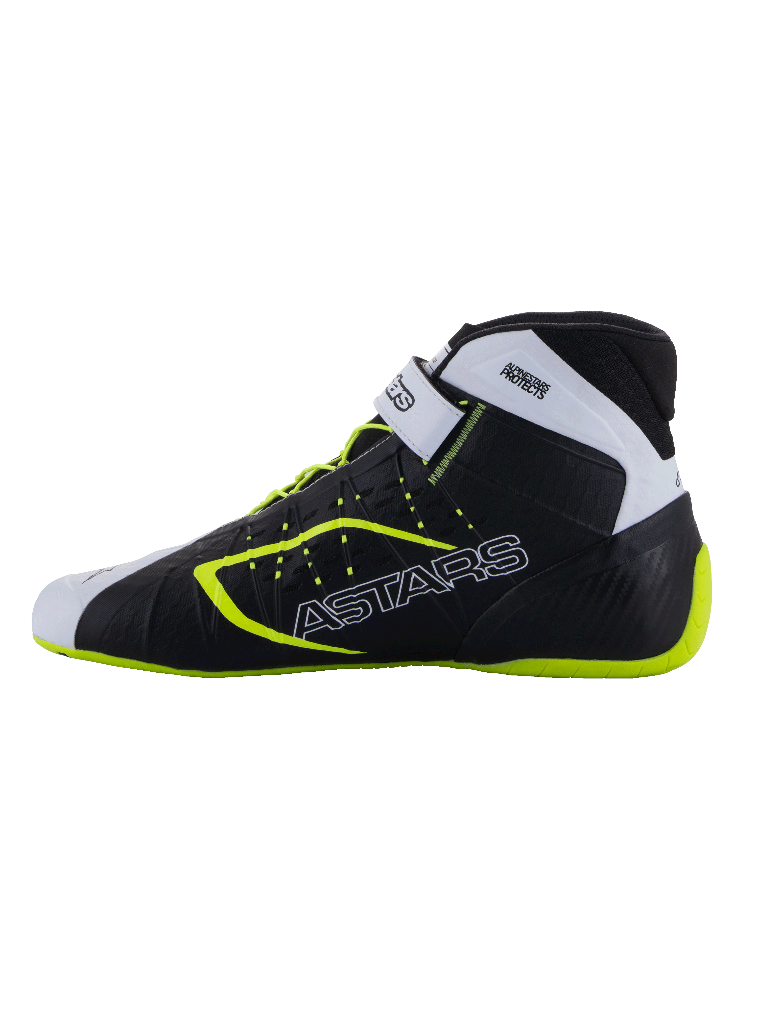 Alpinestars Tech-1 KX V3 Schuhe - FIA, Kart-Schuhe, Schwarz, Weiß und Gelb Fluo, schlankes Profil mit seitlichem ASTARS-Branding, verstellbarer Riemen und fluoreszierende Akzente, leichtes Schuhwerk für den Rennsport
