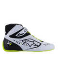 Alpinestars Tech-1 KX V3 Schuhe - FIA, Kartschuhe, Schwarz, Weiß und Gelb Fluo, schlankes Seitenprofil mit weißem thermoverschweißtem Obermaterial, schwarze Fersenkappe mit KX-Logo, fluoreszierende gelbe Sohle und Schnürsenkel, professionelles Motorsport-Design für den Kartsport
