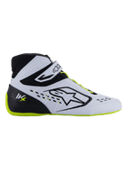 Alpinestars Tech-1 KX V3 Schuhe - FIA, Kartschuhe, Schwarz, Weiß und Gelb Fluo, schlankes Seitenprofil mit weißem thermoverschweißtem Obermaterial, schwarze Fersenkappe mit KX-Logo, fluoreszierende gelbe Sohle und Schnürsenkel, professionelles Motorsport-Design für den Kartsport