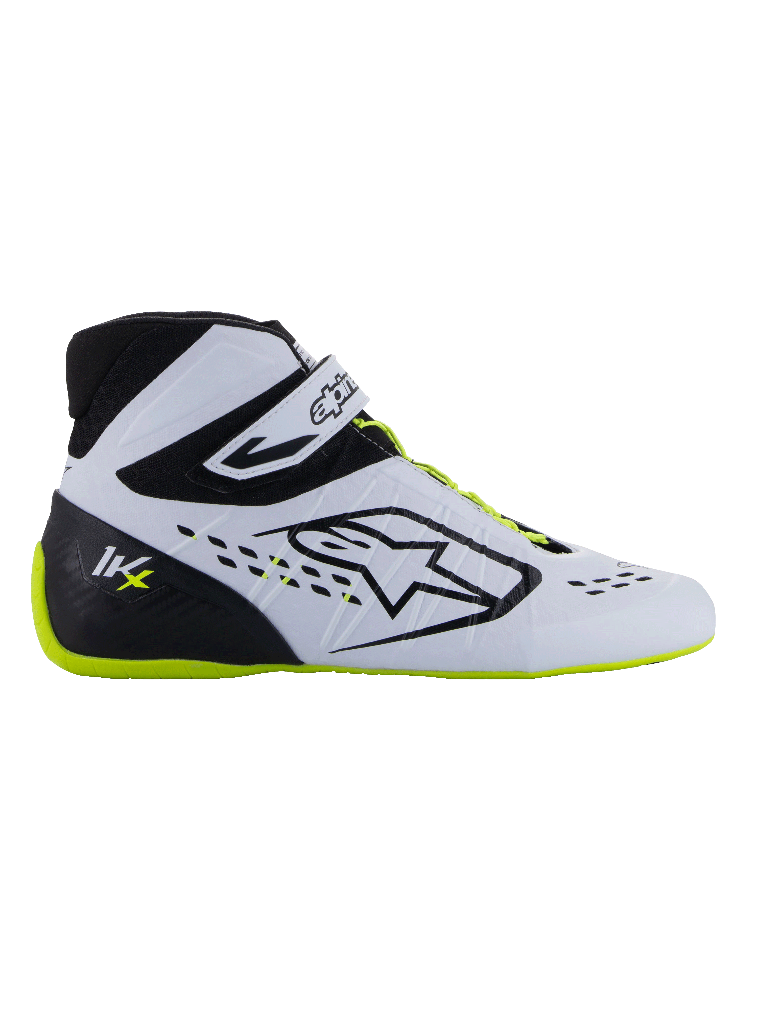 Alpinestars Tech-1 KX V3 Schuhe - FIA, Kartschuhe, Schwarz, Weiß und Gelb Fluo, schlankes Seitenprofil mit weißem thermoverschweißtem Obermaterial, schwarze Fersenkappe mit KX-Logo, fluoreszierende gelbe Sohle und Schnürsenkel, professionelles Motorsport-Design für den Kartsport