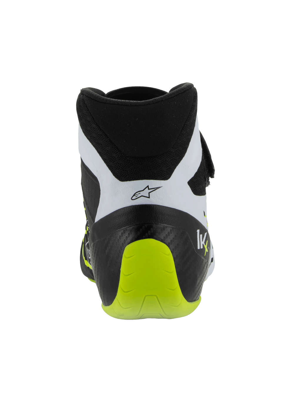 Alpinestars Tech-1 KX V3 Schuhe, FIA-zertifizierte Kartschuhe, Schwarz Weiß und Gelb Fluo, Rückansicht mit verstärktem einteiligem Fersenbereich, leuchtender gelber Fluo-Akzent, weiße Einsätze mit schwarzem Logo, technisches Motorsport-Schuhwerk für den Einsatz auf der Rennstrecke.