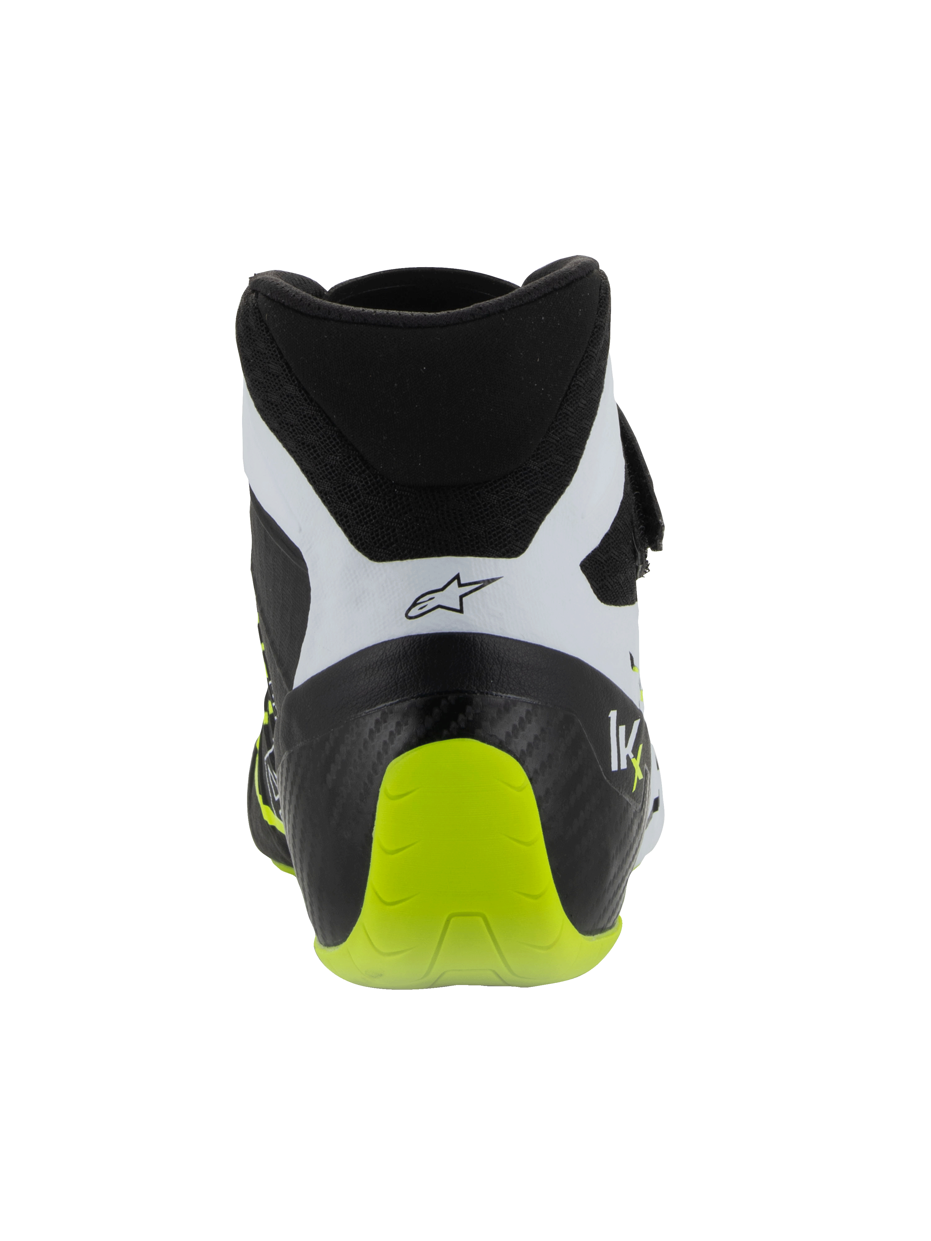 Alpinestars Tech-1 KX V3 Schuhe, FIA-zertifizierte Kartschuhe, Schwarz Weiß und Gelb Fluo, Rückansicht mit verstärktem einteiligem Fersenbereich, leuchtender gelber Fluo-Akzent, weiße Einsätze mit schwarzem Logo, technisches Motorsport-Schuhwerk für den Einsatz auf der Rennstrecke.