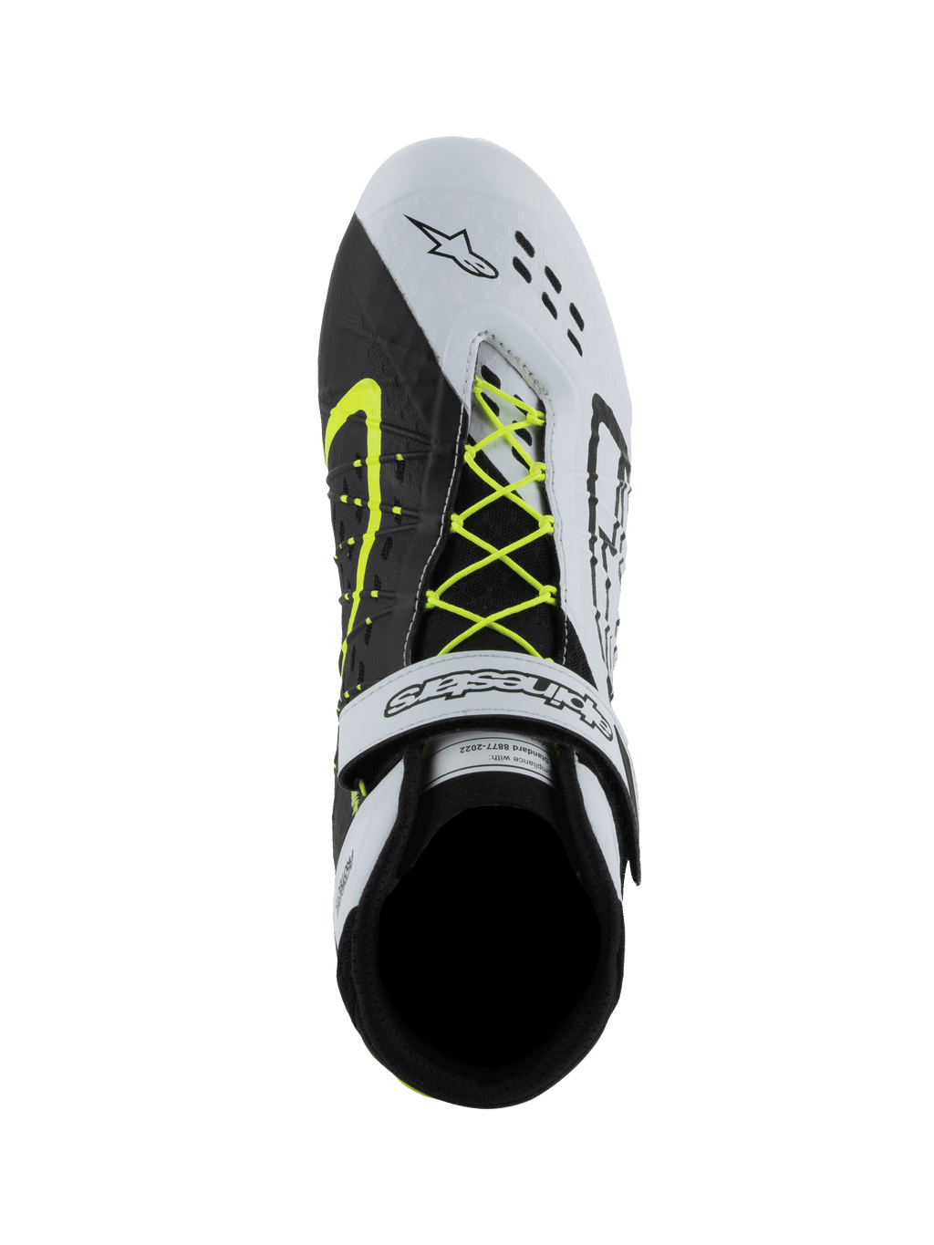 Alpinestars Tech-1 KX V3 Schuhe, FIA Karting-Schuhe, Schwarz, Weiß und Gelb Fluo, Draufsicht mit asymmetrischem neongelbem Schnürsystem, weißem Klettverschluss am Knöchel und lasergeschnittenen Perforationen im Zehenbereich