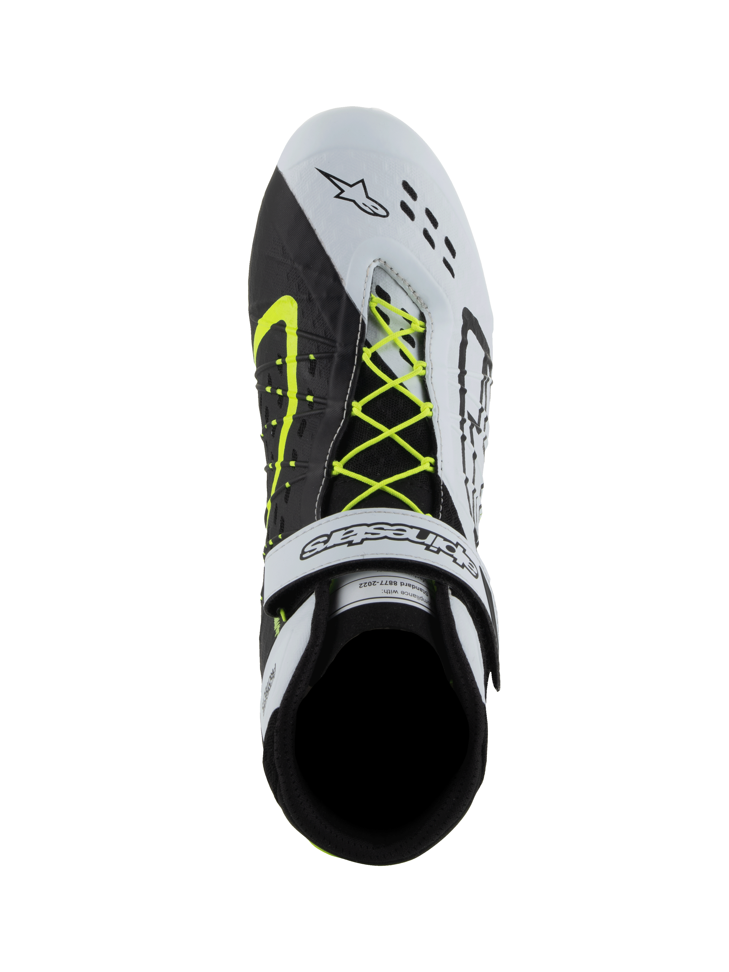 Alpinestars Tech-1 KX V3 Schuhe, FIA Karting-Schuhe, Schwarz, Weiß und Gelb Fluo, Draufsicht mit asymmetrischem neongelbem Schnürsystem, weißem Klettverschluss am Knöchel und lasergeschnittenen Perforationen im Zehenbereich
