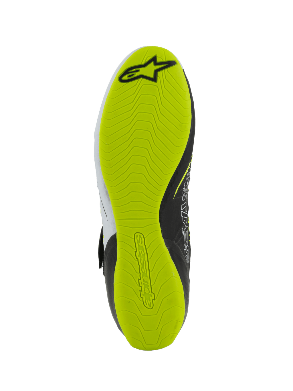 Alpinestars Tech-1 KX V3 Schuhe - FIA, Kartschuhe, Unteransicht der Sohle, leuchtend gelber Fluo-Gummi mit strukturiertem Profilmuster, mit schwarzem Alpinestars-Logo und geprägtem Branding für Pedalsensibilität
