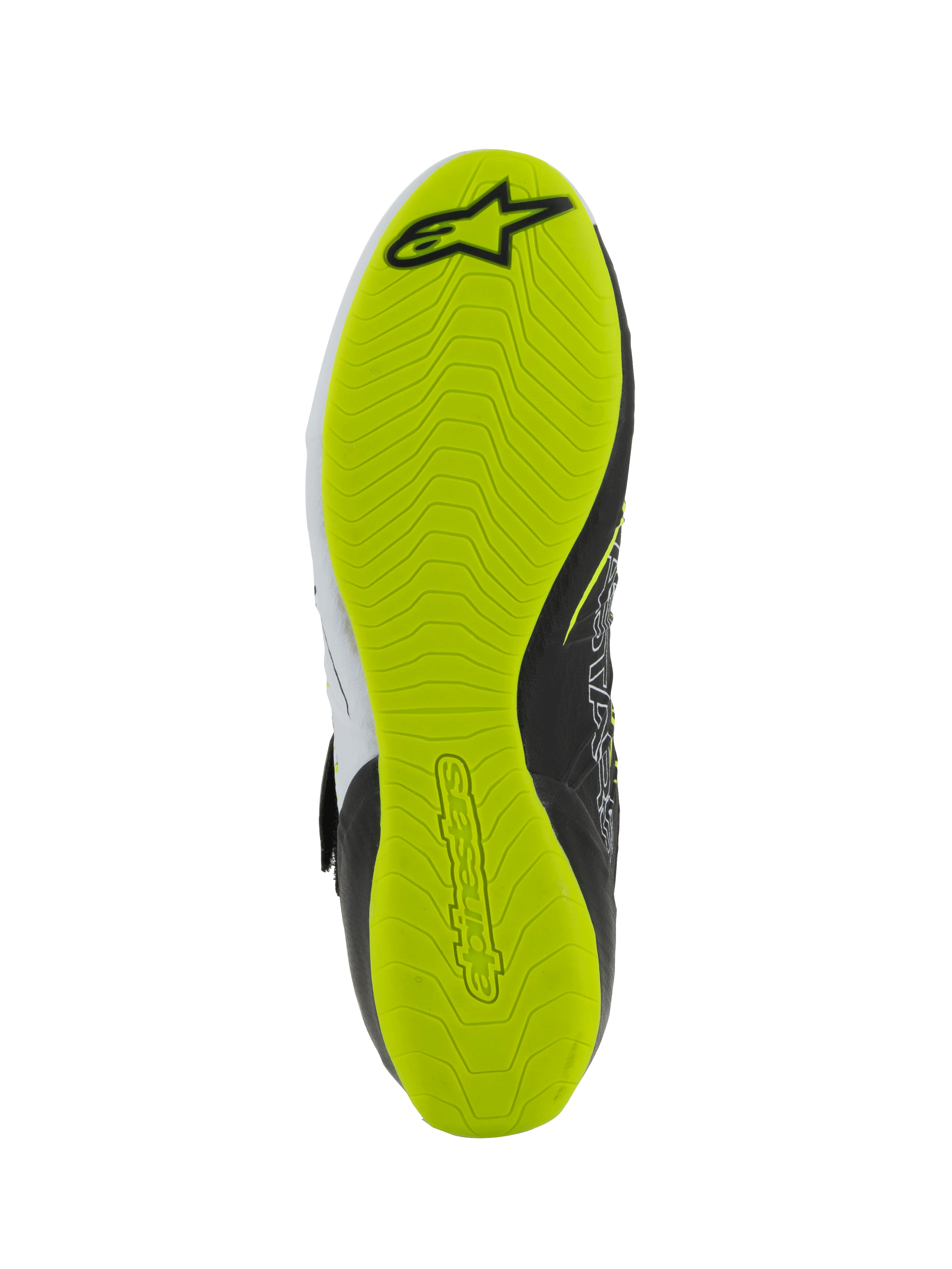 Alpinestars Tech-1 KX V3 Schuhe - FIA, Kartschuhe, Unteransicht der Sohle, leuchtend gelber Fluo-Gummi mit strukturiertem Profilmuster, mit schwarzem Alpinestars-Logo und geprägtem Branding für Pedalsensibilität