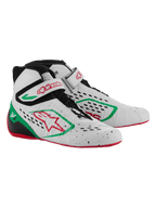 Alpinestars Tech-1 KX V3 Karting-Schuhe, Weiß, Grün und Rot, mit nahtlosem, thermoverschweißtem Obermaterial, lasergeschnittenen Perforationen, asymmetrischer Schnürung, Klettverschluss mit rotem Branding und einer dünnen roten Gummisohle.