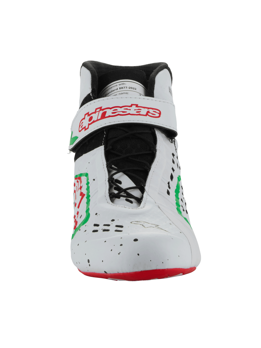 Alpinestars Tech-1 KX V3 Schuhe – FIA, Kart-Schuhe, Weiß, Grün und Rot, Vorderansicht mit asymmetrischem Schnürsystem und einem Klettverschluss mit rotem Alpinestars-Logo, schlankes perforiertes Design für den Motorsport.