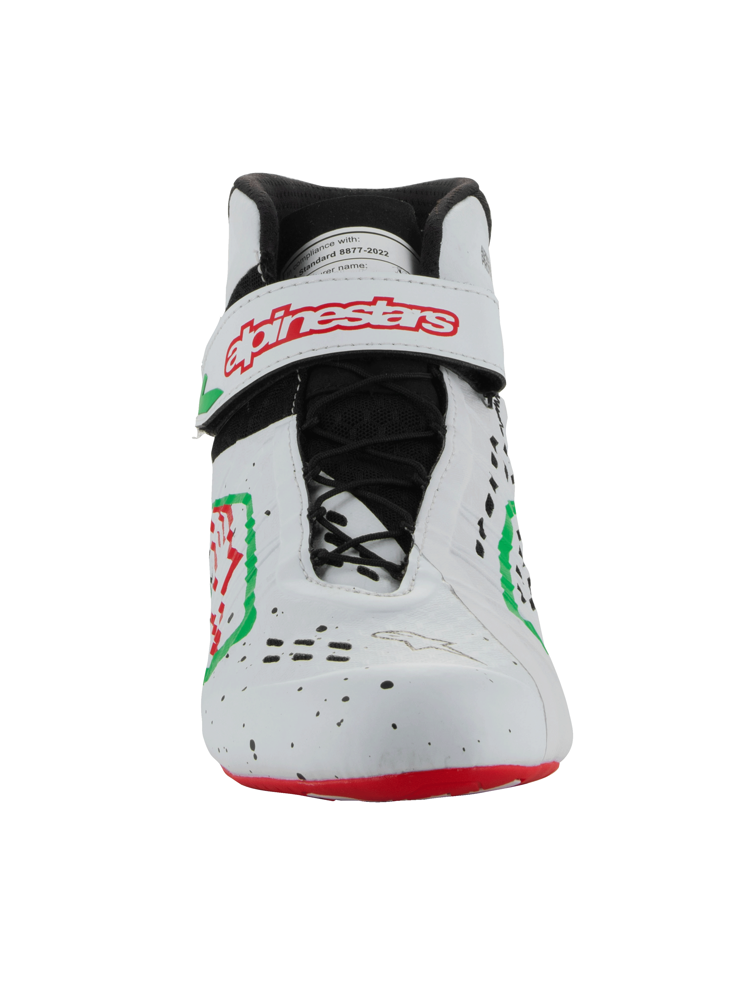 Alpinestars Tech-1 KX V3 Schuhe – FIA, Kart-Schuhe, Weiß, Grün und Rot, Vorderansicht mit asymmetrischem Schnürsystem und einem Klettverschluss mit rotem Alpinestars-Logo, schlankes perforiertes Design für den Motorsport.