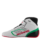 Alpinestars Tech-1 KX V3 Schuhe, Kart-Schuhe, Weiß, Grün und Rot, Seitenprofil-Ansicht, mit rotem ASTARS-Branding und grünem Streifen, schwarzer Kragen mit lasergeschnittenen Perforationen, dünne rote Sohle für Pedalsensibilität