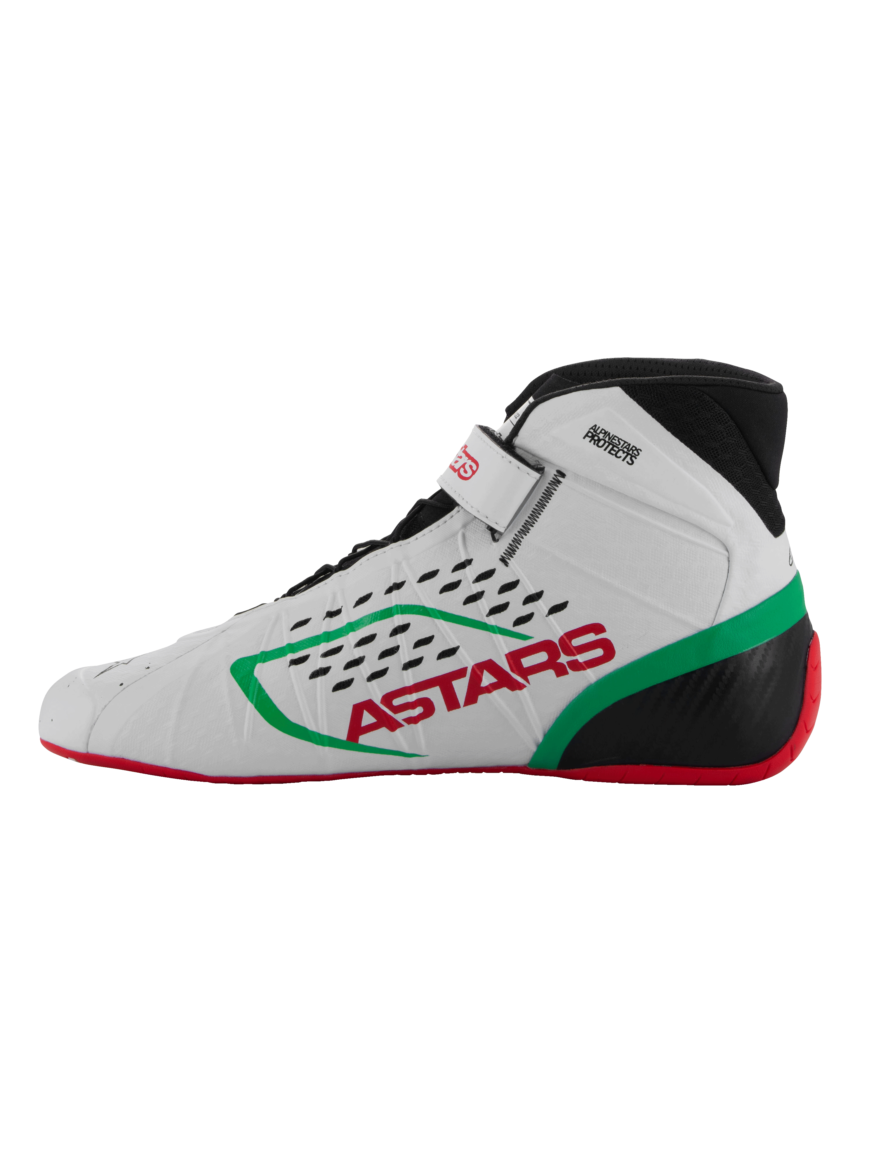 Alpinestars Tech-1 KX V3 Schuhe, Kart-Schuhe, Weiß, Grün und Rot, Seitenprofil-Ansicht, mit rotem ASTARS-Branding und grünem Streifen, schwarzer Kragen mit lasergeschnittenen Perforationen, dünne rote Sohle für Pedalsensibilität