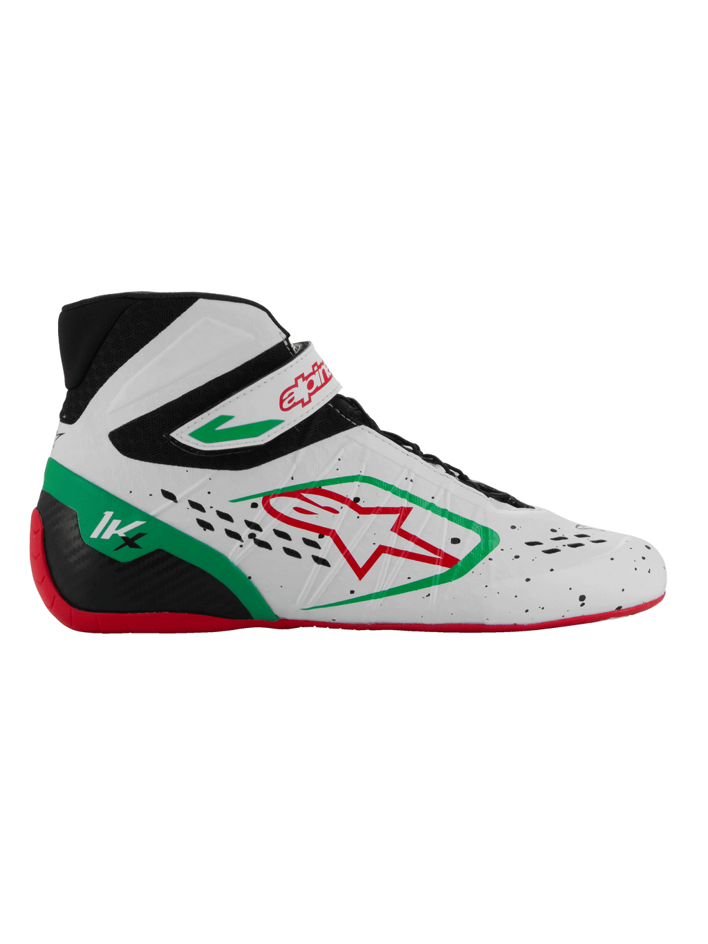 Alpinestars Tech-1 KX V3 Schuhe, FIA-zertifizierte Karting-Rennschuhe, Weiß mit schwarzen, grünen und roten Akzenten, rotes Stern-Logo, rote Sohle, High-Top-Design mit Klettverschluss, atmungsaktives perforiertes Obermaterial, 1K-Markierung an der Ferse