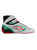 Alpinestars Tech-1 KX V3 Schuhe, FIA-zertifizierte Karting-Rennschuhe, Weiß mit schwarzen, grünen und roten Akzenten, rotes Stern-Logo, rote Sohle, High-Top-Design mit Klettverschluss, atmungsaktives perforiertes Obermaterial, 1K-Markierung an der Ferse