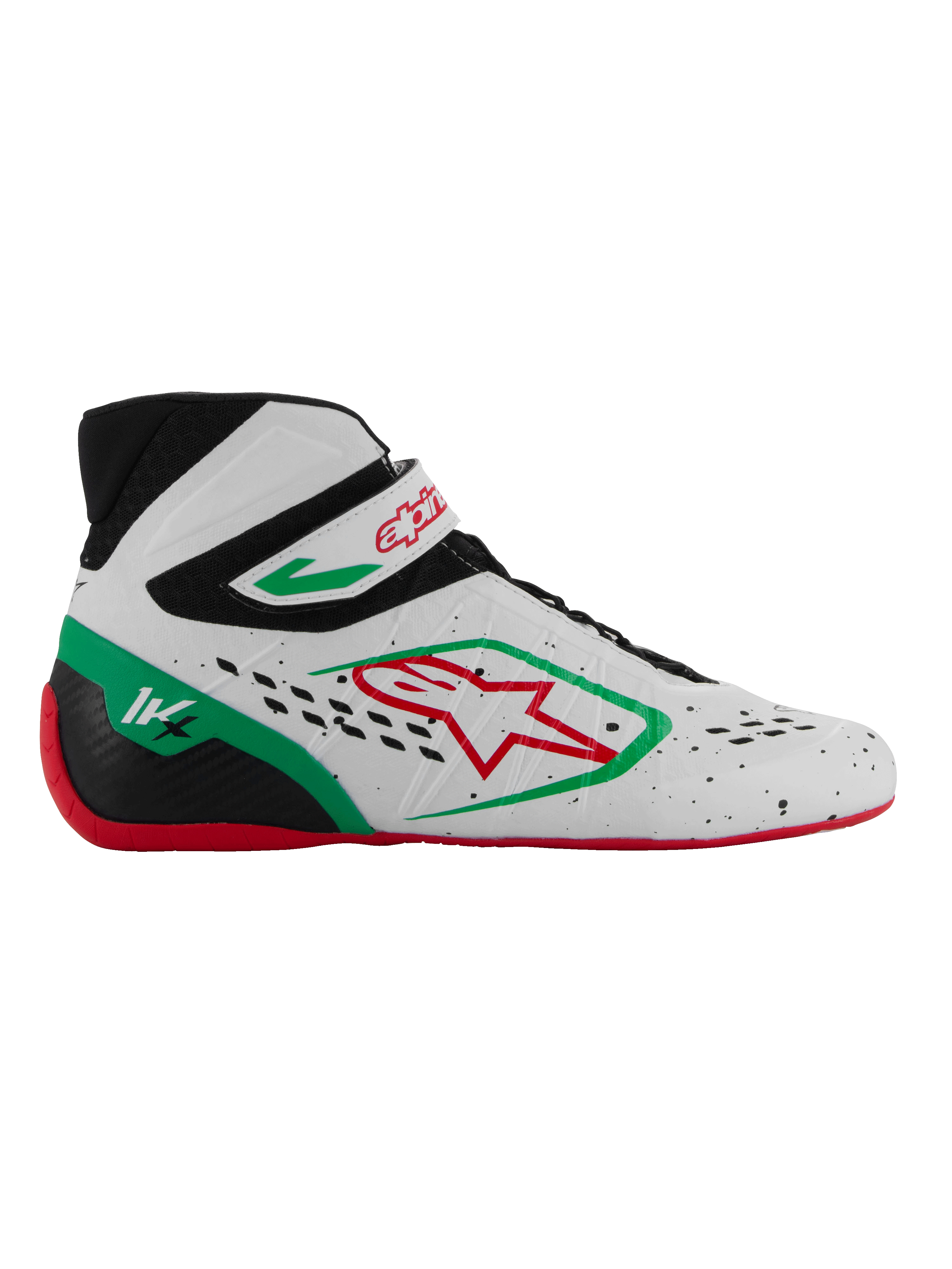 Alpinestars Tech-1 KX V3 Schuhe, FIA-zertifizierte Karting-Rennschuhe, Weiß mit schwarzen, grünen und roten Akzenten, rotes Stern-Logo, rote Sohle, High-Top-Design mit Klettverschluss, atmungsaktives perforiertes Obermaterial, 1K-Markierung an der Ferse