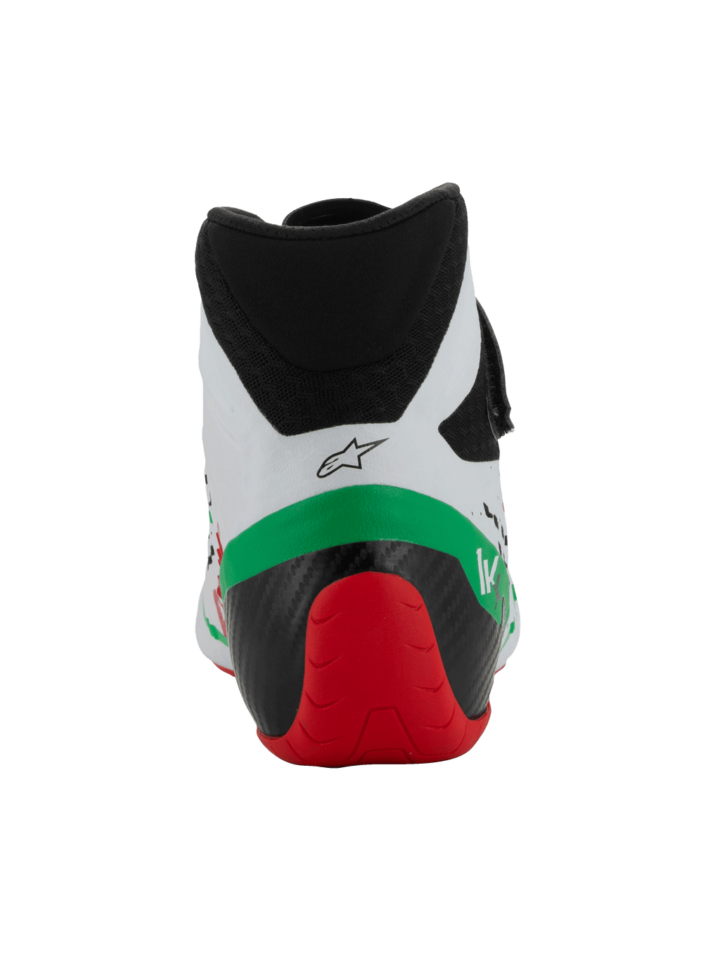 Alpinestars Tech-1 KX V3 Schuhe - FIA, Karting-Schuhe, Weiß, Grün und Rot, Rückansicht mit niedrig geschnittenem Mikrofaserkragen, verstärkter schwarz-roter Fersenstruktur und Alpinestars-Logo.