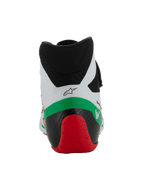 Alpinestars Tech-1 KX V3 Schuhe - FIA, Karting-Schuhe, Weiß, Grün und Rot, Rückansicht mit niedrig geschnittenem Mikrofaserkragen, verstärkter schwarz-roter Fersenstruktur und Alpinestars-Logo.