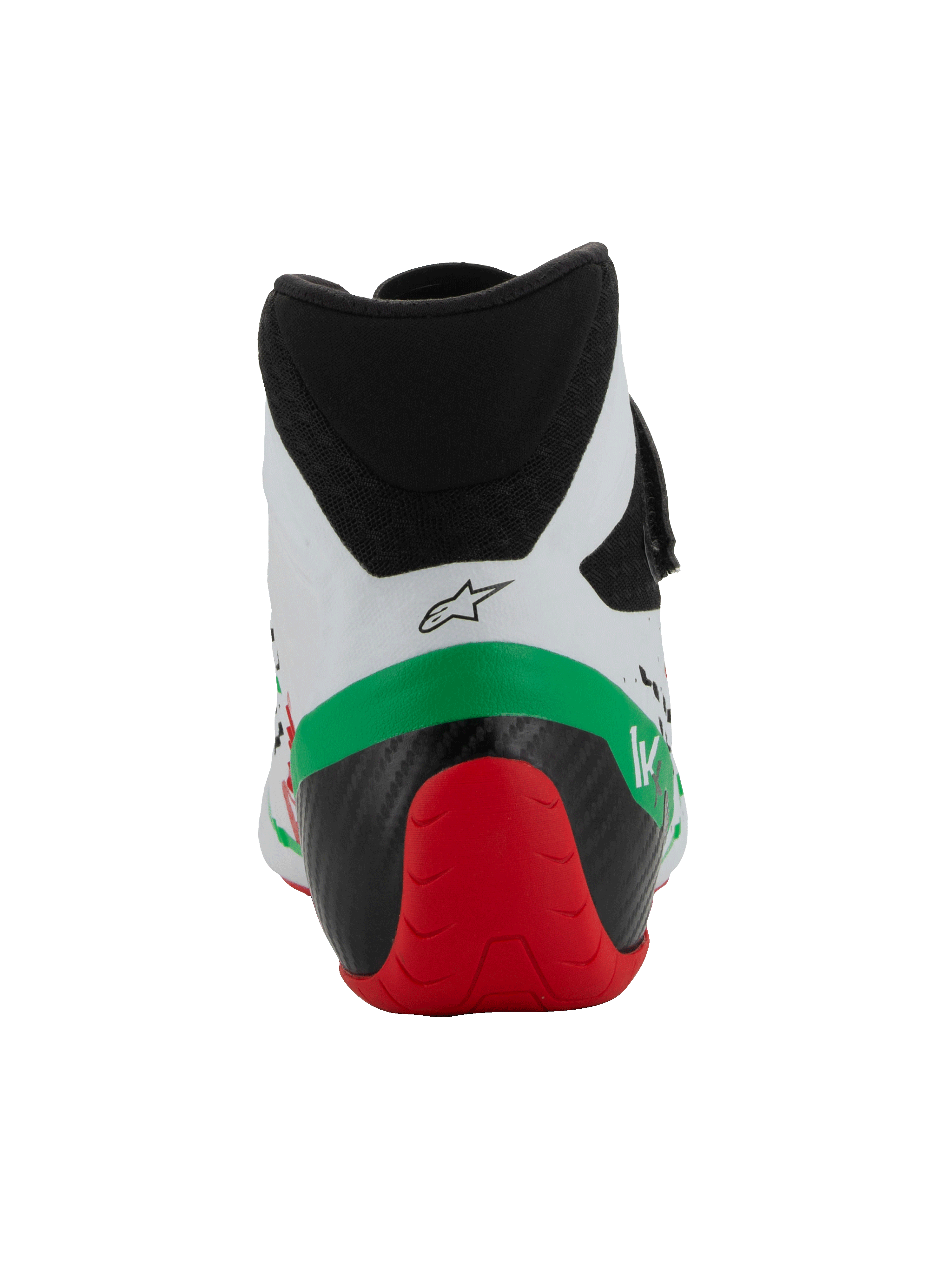 Alpinestars Tech-1 KX V3 Schuhe - FIA, Karting-Schuhe, Weiß, Grün und Rot, Rückansicht mit niedrig geschnittenem Mikrofaserkragen, verstärkter schwarz-roter Fersenstruktur und Alpinestars-Logo.