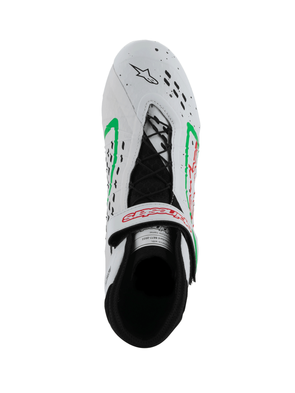 Alpinestars Tech-1 KX V3 Schuhe, FIA-homologierte Kart-Schuhe, Weiß mit grünen und roten Akzenten, Draufsicht mit asymmetrischer Schnürung, verstellbarer Riemen mit rotem Logo und lasergeschnittenen Perforationen an der Zehenpartie.