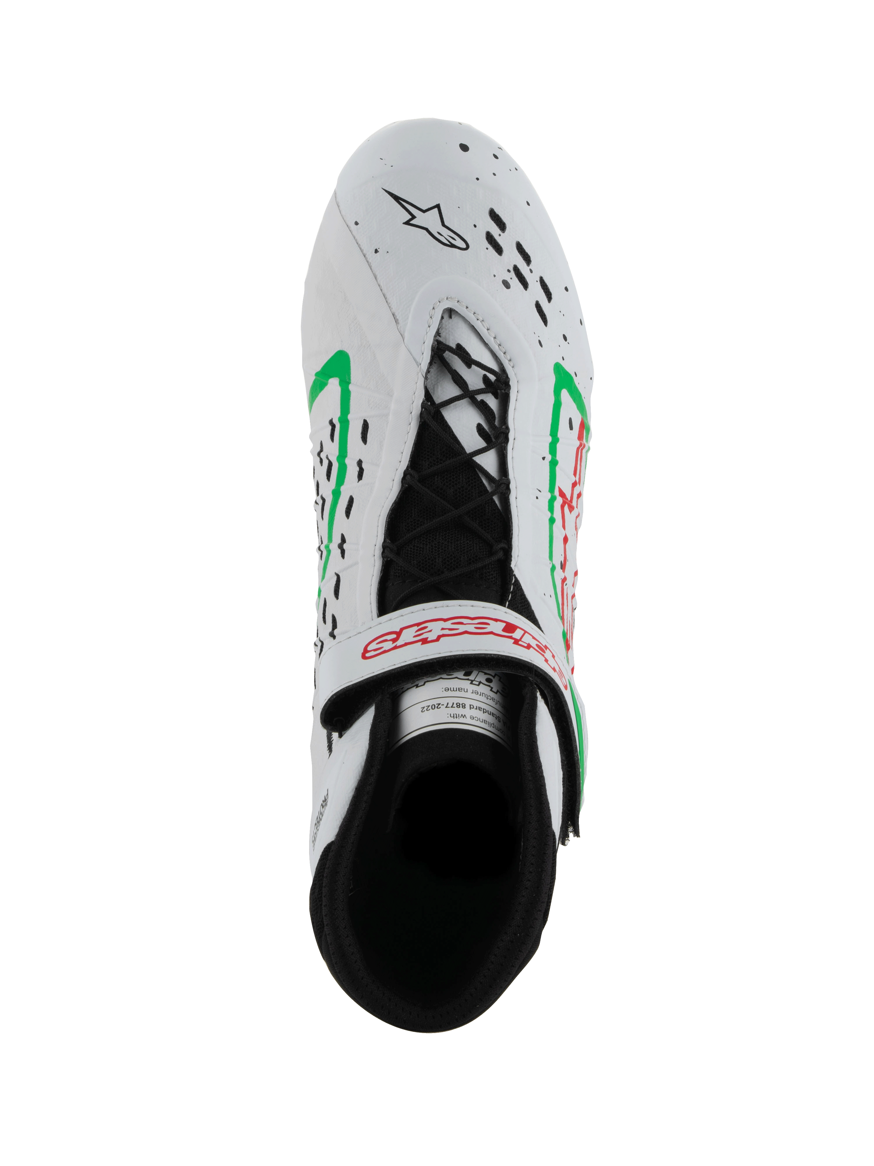 Alpinestars Tech-1 KX V3 Schuhe, FIA-homologierte Kart-Schuhe, Weiß mit grünen und roten Akzenten, Draufsicht mit asymmetrischer Schnürung, verstellbarer Riemen mit rotem Logo und lasergeschnittenen Perforationen an der Zehenpartie.