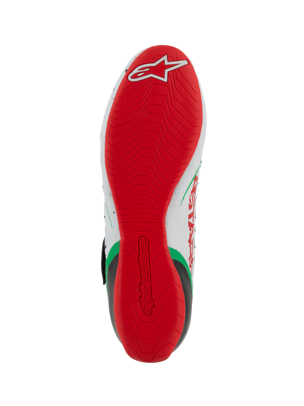 Alpinestars Tech-1 KX V3 Karting-Schuhe, Sohlenansicht, leuchtend rote, dünne Gummiaußensohle mit strukturiertem Gripmuster, weißes Alpinestars Logo an der Ferse, Farbgebung in Weiß, Grün und Rot