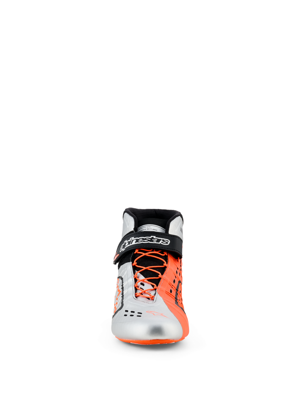 Alpinestars Tech-1 KX V3 Schuhe, Karting-Schuhe, Schwarz, Silber und Fluo-Orange, Frontansicht, Obermaterial in Silber und fluoreszierendem Orange, asymmetrische orangefarbene Schnürsenkel, schwarzer Knöchelriemen mit weißem Branding, schlankes FIA-zertifiziertes Rennsport-Schuhwerk