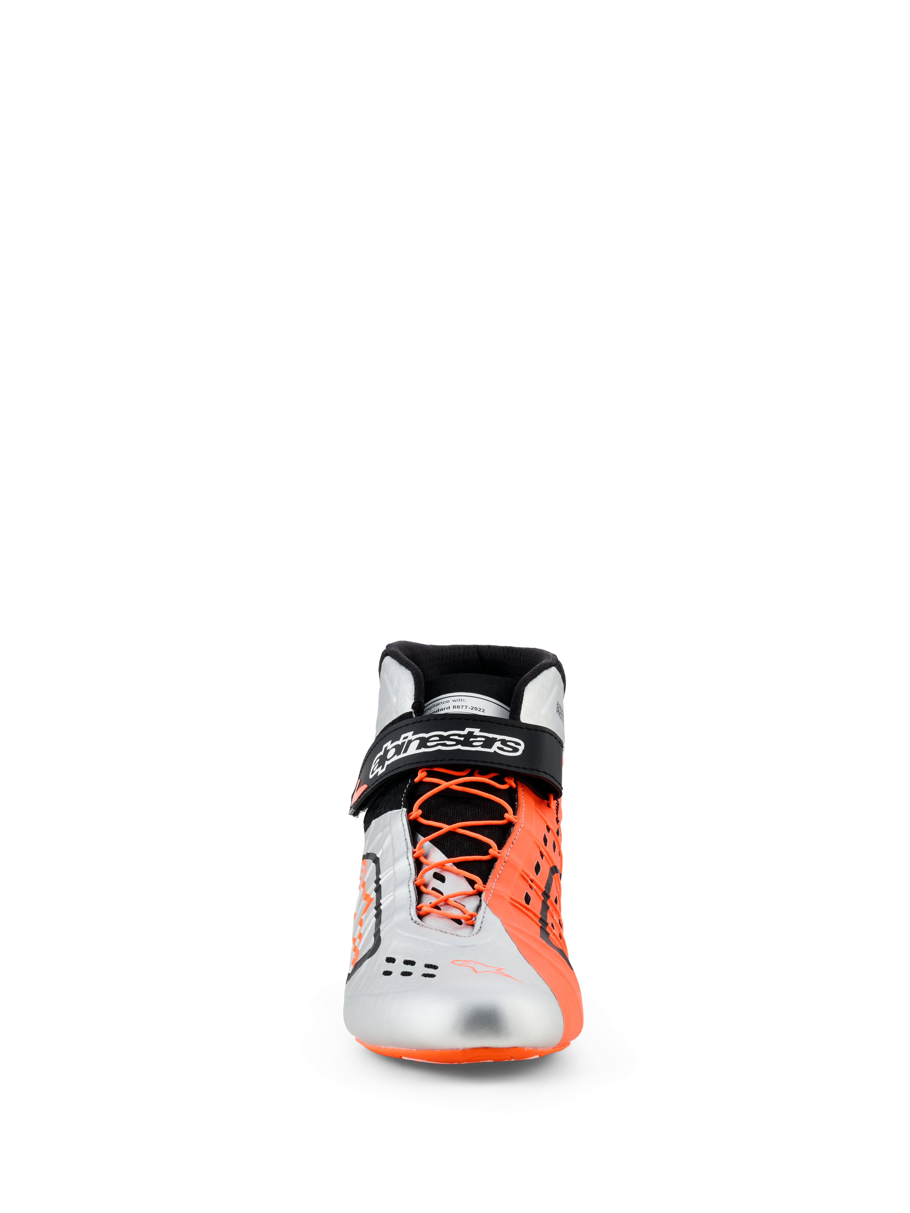 Alpinestars Tech-1 KX V3 Schuhe, Karting-Schuhe, Schwarz, Silber und Fluo-Orange, Frontansicht, Obermaterial in Silber und fluoreszierendem Orange, asymmetrische orangefarbene Schnürsenkel, schwarzer Knöchelriemen mit weißem Branding, schlankes FIA-zertifiziertes Rennsport-Schuhwerk