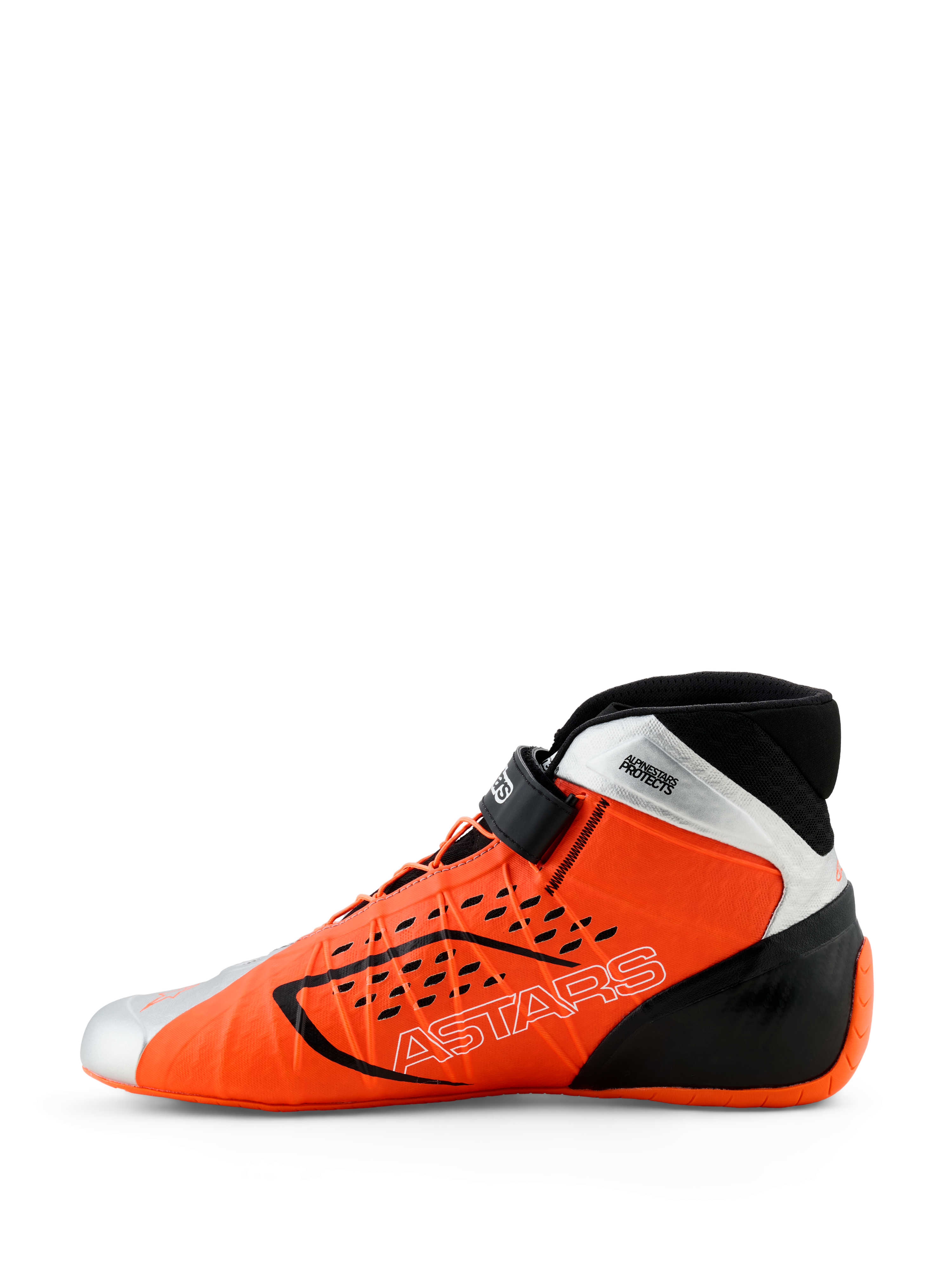Alpinestars Tech-1 KX V3 Schuhe, Kartschuhe, Orange Fluo, Schwarz und Silber, Seitenansicht, mit dem ASTARS-Logo auf der Seite, verstellbarem Knöchelriemen und schlankem aerodynamischem Design für den professionellen Rennsport.