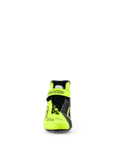 Alpinestars Tech-1 KX V3 Shoes, Karting Shoes, Black and Yellow Fluo, front view showing the asymmetric lacing system and adjustable ankle strap with Alpinestars logo, sleek lightweight design for FIA-certified racing performance