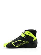 Alpinestars Tech-1 KX V3 Karting Shoes, Black and Yellow Fluo, side profile view showing seamless thermo-welded construction, laser-cut perforations, bright yellow accents with ASTARS branding, and adjustable ankle strap, sleek motorsport design