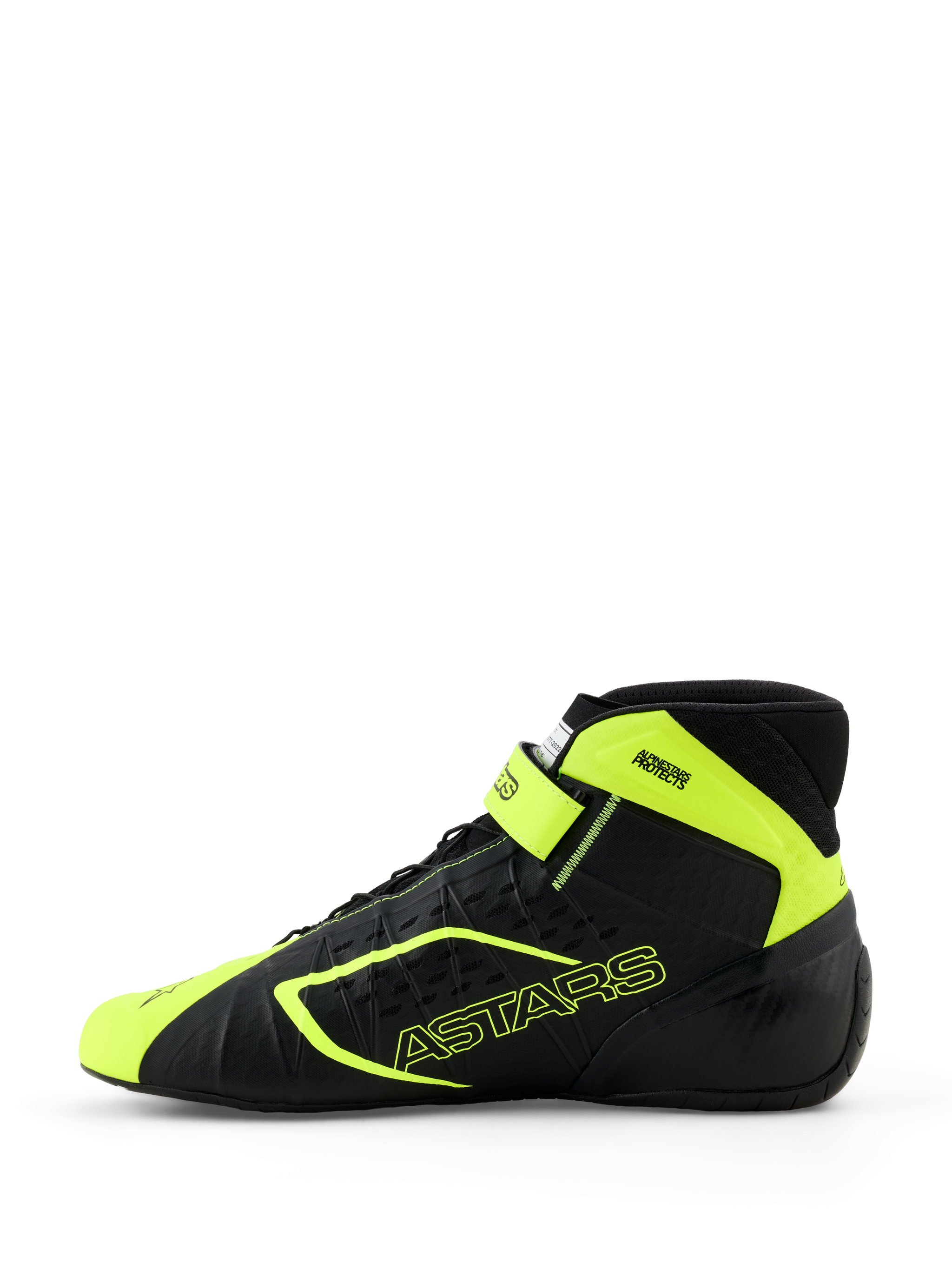 Alpinestars Tech-1 KX V3 Karting Shoes, Black and Yellow Fluo, side profile view showing seamless thermo-welded construction, laser-cut perforations, bright yellow accents with ASTARS branding, and adjustable ankle strap, sleek motorsport design