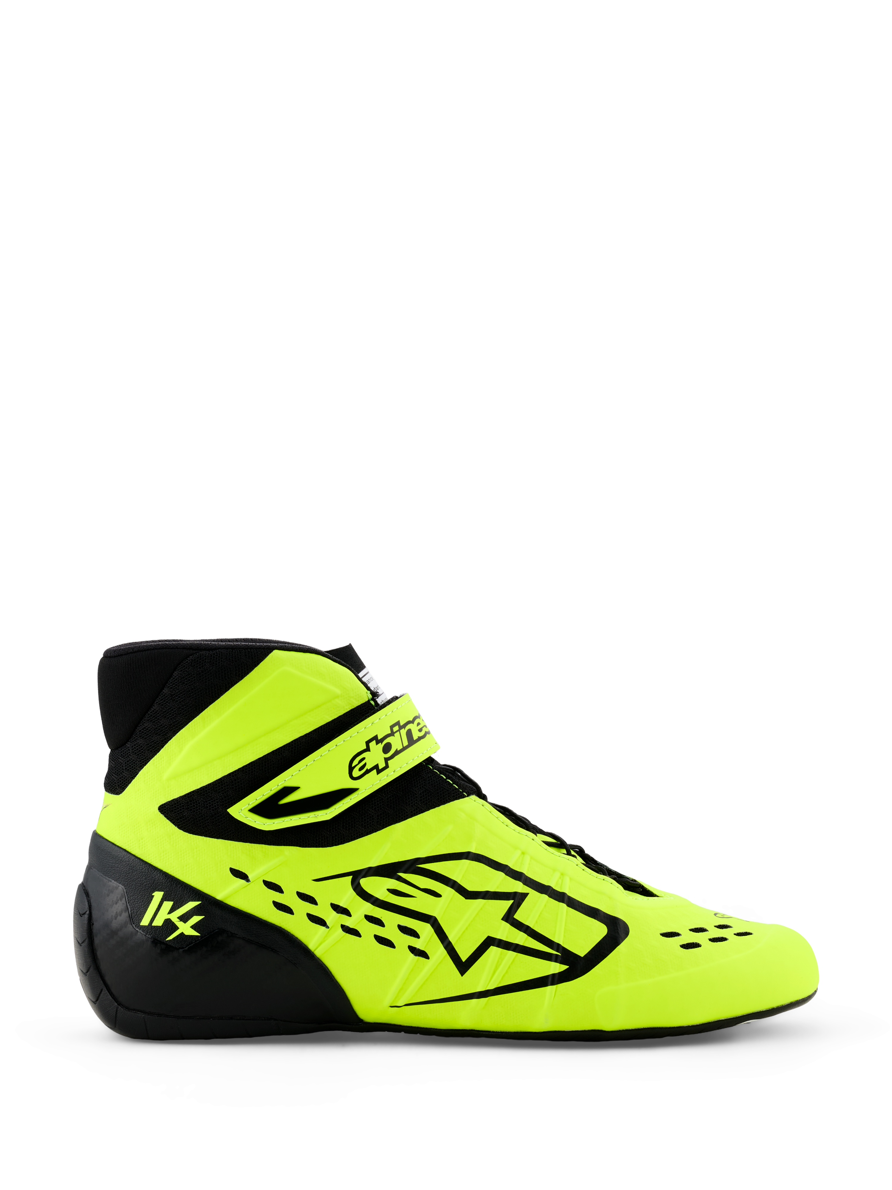 Alpinestars Tech-1 KX V3 Karting-Schuhe, Gelb Fluo und Schwarz, Seitenansicht mit markantem Alpinestars-Logo, verstellbarem Knöchelriemen und lasergeschnittenen Perforationen für Atmungsaktivität, professionelles Motorsport-Schuhwerk.