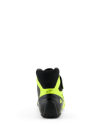 Alpinestars Tech-1 KX V3 Schuhe - FIA, Kart-Schuhe, Schwarz und Gelb Fluo, Rückansicht mit Fokus auf die Ferse, neongelbe Akzente mit schwarzem Stern-Logo und KX-Branding, professionelles Karting-Schuhwerk