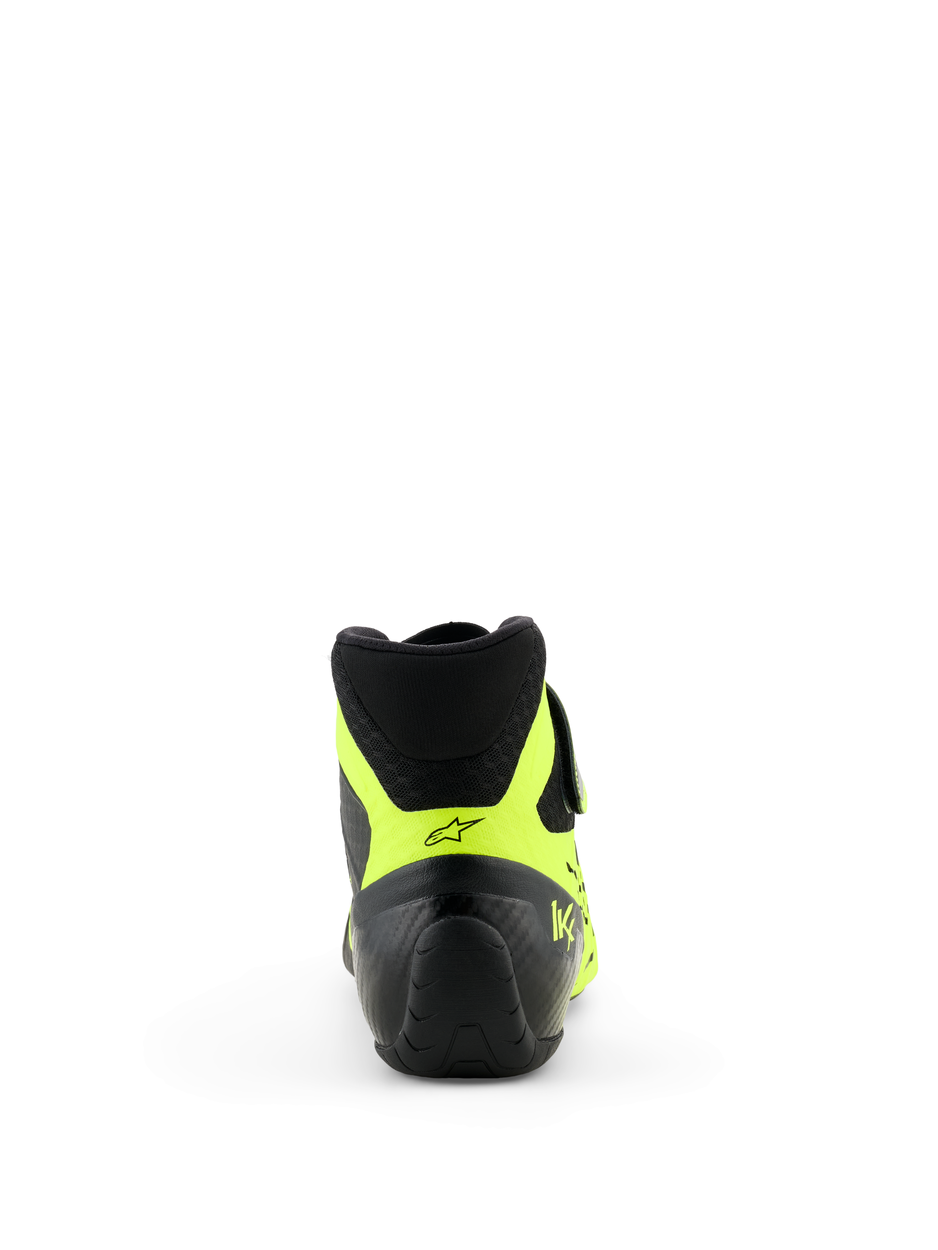 Alpinestars Tech-1 KX V3 Schuhe - FIA, Kart-Schuhe, Schwarz und Gelb Fluo, Rückansicht mit Fokus auf die Ferse, neongelbe Akzente mit schwarzem Stern-Logo und KX-Branding, professionelles Karting-Schuhwerk